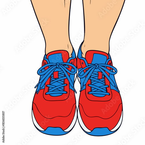 Sport shoes on feet for athlete, colorful running shoes in workout session. Sport shoes are necessary for fitness and health. Concept sport shoes for active lifestyle.