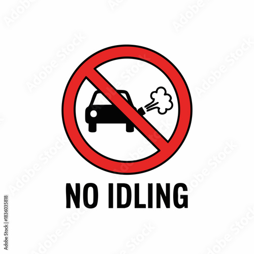 No idling symbol displayed with car and pollution, illustrating environmental responsibility. No idling icon helps protect against pollution. No idling illustration encourages eco-friendly practices.