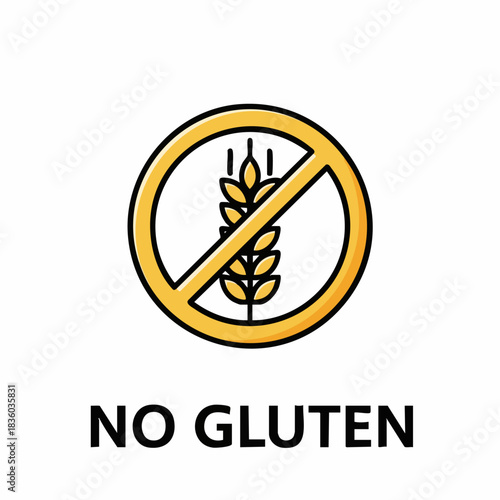 No gluten sign with wheat crossed out in circle on white, a clear no gluten visual to ensure dietary requirements. Dietary requirements are important for customer health.