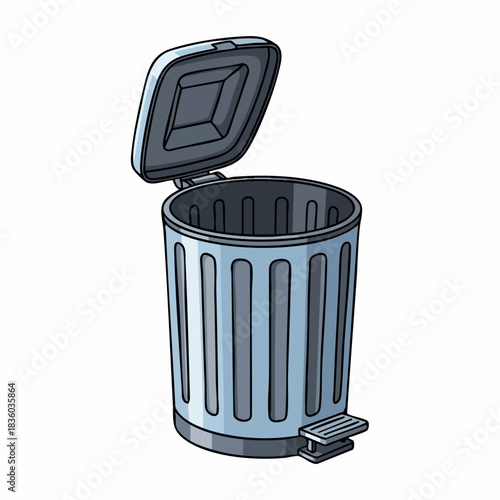 Metal trash can, an essential household item for waste disposal and cleanliness, stands open on white. Metal trash can is seen as practical for hygiene and organization in any home or office.