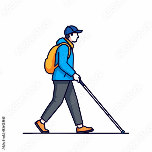 Person walking using walking stick for guidance with backpack on their back. Person walking for mobility is an important activity to stay healthy,