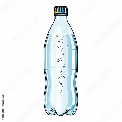 Refreshing sparkling water in clear plastic bottle isolated on white backdrop. Sparkling water is perfect thirst quencher, shown with condensation and effervescent bubbles.