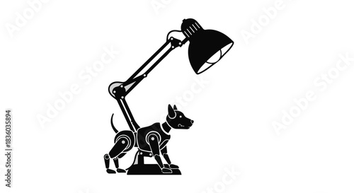 Black dog standing under adjustable desk lamp on white background, simple illustration for design and pet concept