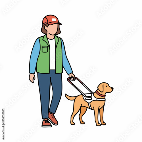 Walking with guide dog, assistance for visually impaired person with golden retriever. Assistance of guide dog offers freedom and mobility to individuals with blindness.