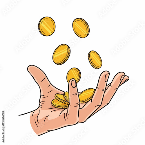 Hand with coins falling illustrates financial abundance, showcasing a handful of coins. Idea hand with coins falling symbolizes prosperity, potential savings, and successful investment strategy.