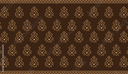 Traditional seamless geometric ethnic pattern. Decorated with brown carpet flowers. Vintage style. Design for background, wallpaper, illustration, fabric, clothing, textile, batik, embroidery, carpet.