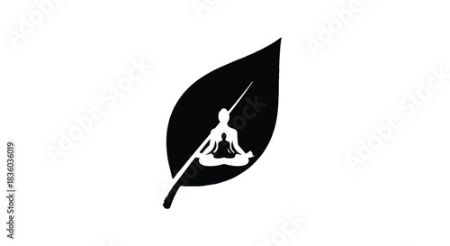 Serene person meditating in leaf, yoga practice, nature, wellness, mindfulness, peaceful, black and white, minimalist illustration