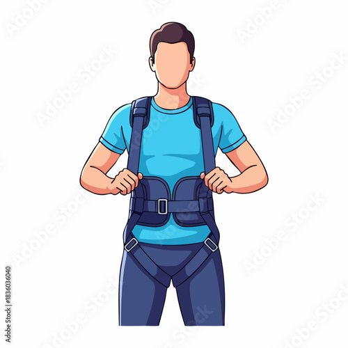 Man wearing safety harness shown in full length pose in studio shot. Safety harness ensures security when working at heights. Concept safety harness and safe equipment for industrial projects.