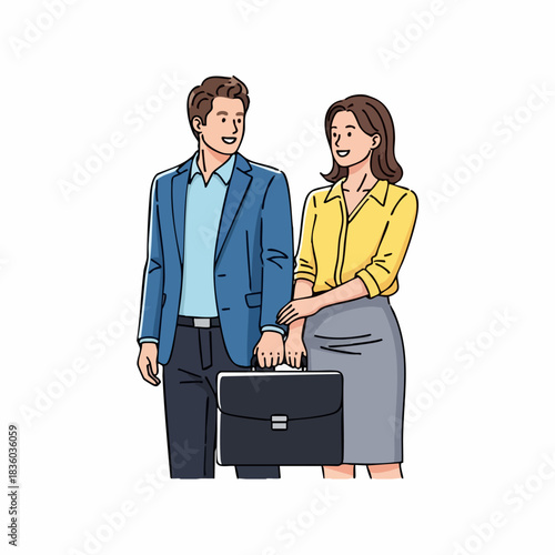 Two business people smiling, with one carrying briefcase. Business people talking about business. Business people can work together, succeed together in business.