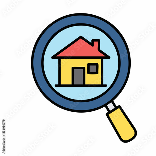 House search shows home with red roof through magnifying glass, house search concept for real estate. House search also represents property hunting, locating perfect dwelling.