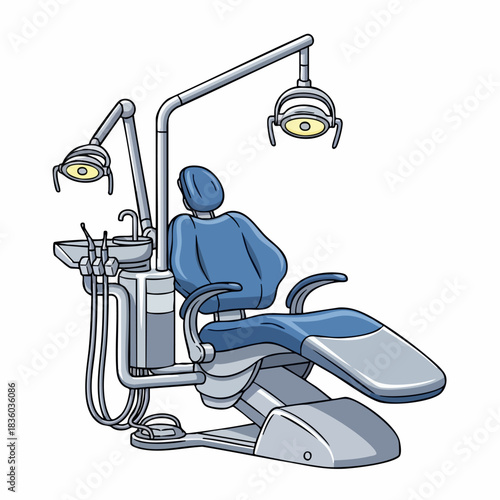 Dental chair is shown in this illustration, dentist equipment with blue upholstery, light and metal frame. Modern dental chair is equipped with all required tools for dental treatment.