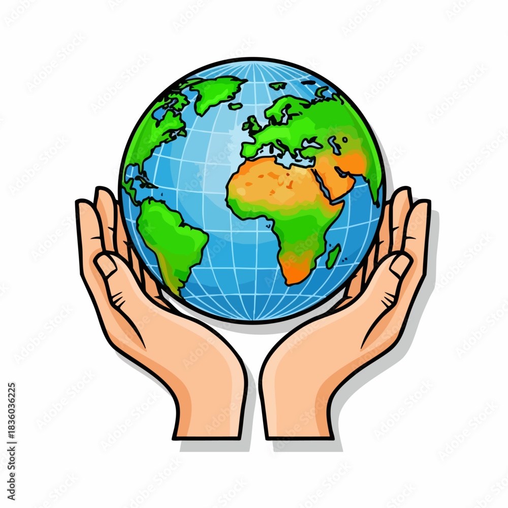 Fototapeta premium Cartoon Earth in human hands shows care for world. Cartoon Earth in human hands illustration, symbolic of environmental responsibility and a planet in need of protection.