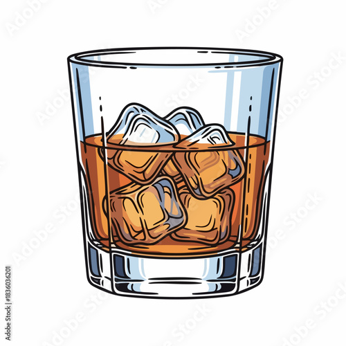 Whiskey with ice in a glass on white offers a refreshing alcoholic beverage. Enjoy whiskey, perfect for relaxation after long day, with chilled ice cubes, making it ideal for cocktail hour,