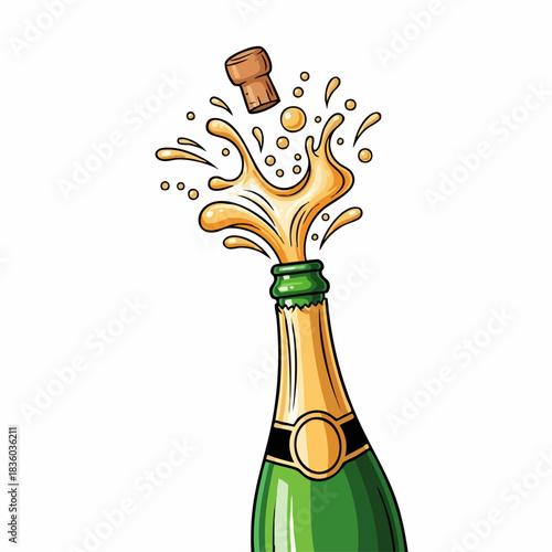 Champagne bottle explosion with flying cork and bubbles. Champagne bottle explosion, a festive celebration symbol, bursts with effervescence and joy.