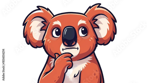 Cute cartoon koala bear thoughtfully pondering a question with hand on chin.