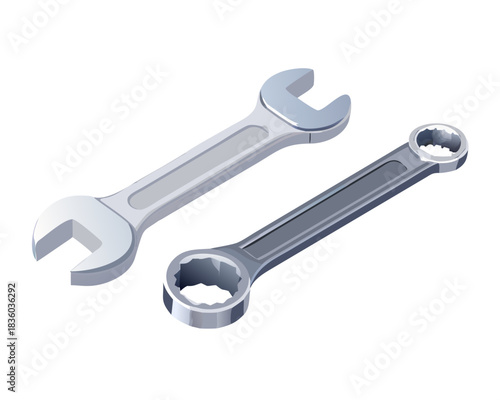 Adjustable chrome metal wrench and nut isolated on a white background work tool for mechanic repair and construction