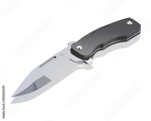 Single isolated sharp stainless steel kitchen knife on a white background