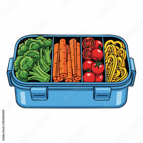 Packed lunch with vegetables and healthy snacks in blue plastic container, including broccoli, carrots, tomatoes, and bell peppers.