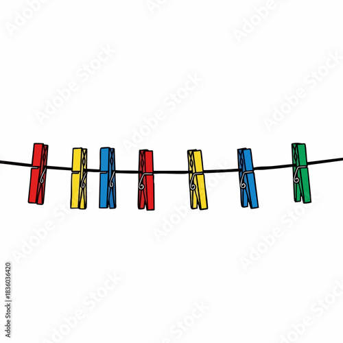 Colorful clothespins holding on line, small objects for holding clothes to dry. Colorful clothespins on thin line, simple design tool for hanging objects. Concept colorful clothespins as decorative,