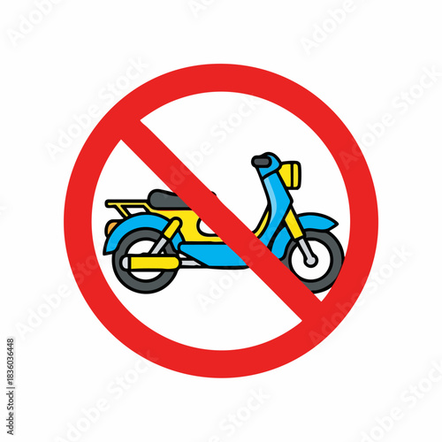 No motorcycles allowed sign with bike, simple design illustrates traffic rules and driving regulations. No motorcycles allowed in area, concept no motorcycles allowed,