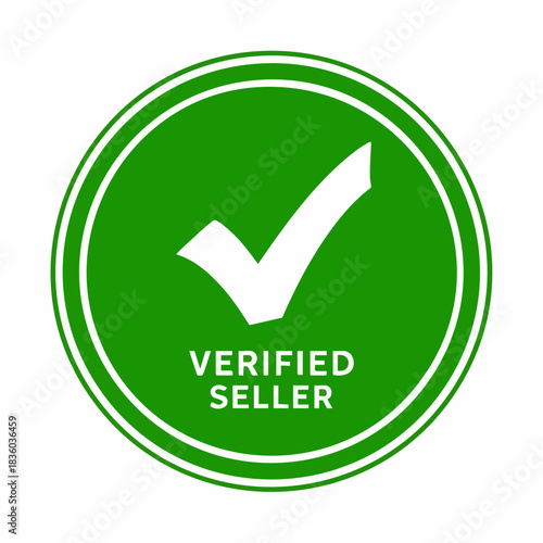 Verified seller emblem on bright green circular badge, perfect for online commerce or service recognition. Verified seller is a sign of quality,
