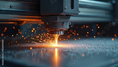 Industrial laser cutter precisely melts metal powder for additive manufacturing. Sparks fly as robotic head builds complex shape layer by layer in dark factory setting.