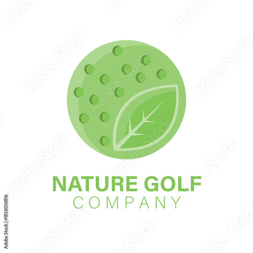 Eco-friendly golf company logo design with a green leaf on a dimpled ball, symbolizing a connection between nature and sport