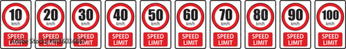 Speed limit signs, borders, and icons vector bundle set featuring various speed indicators, road sign designs, and traffic safety elements.