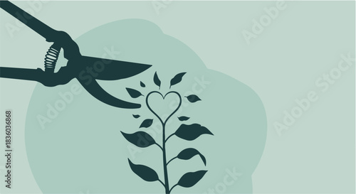 Gardening shears tending to a heart-shaped plant, symbolizing growth and nurturing love.