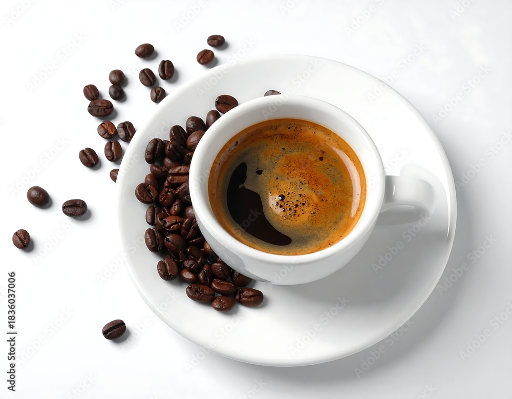 Fototapeta premium Overhead shot of a cup of dark coffee with coffee beans on a plate