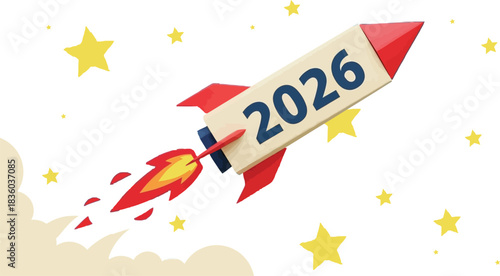 Blast off into 2026 with this dynamic rocket illustration, perfect for future planning, new year goals, and exciting project launches