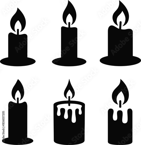Black silhouette candle icons set, lit flames, melting wax design isolated on white background, illustration
