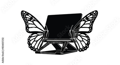 Elegant black tablet stand with intricate butterfly wings, a decorative and functional accessory