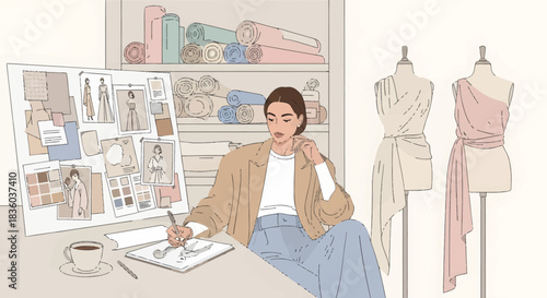 Illustrative fashion designer concepting new designs in studio environment