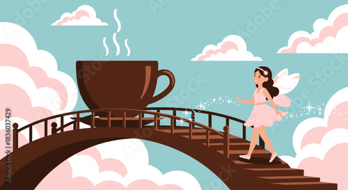 Dreamy coffee break with a fairy tale on a bridge above the clouds at sunrise