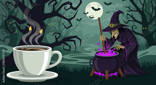 Halloween witch stirs potion as ghostly coffee steams in spooky night