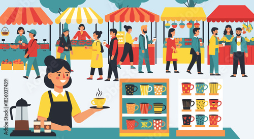 Vibrant Community Market Scene with Coffee Vendor and Diverse Shoppers at Stalls
