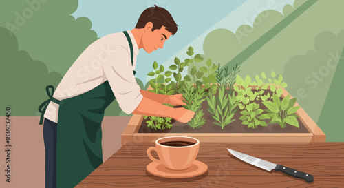 Illustration of a man gardening with a cup of coffee and knife nearby