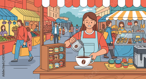 Vibrant market scene illustration showcasing a coffee vendor and bustling customers