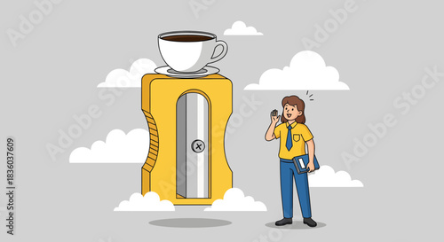 Cartoon image of woman next to giant pencil sharpener with coffee cup