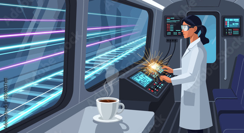 Futuristic train journey with scientist and a cup of coffee at advanced control
