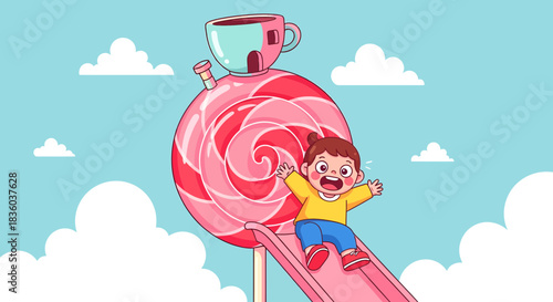 Joyful Descent: A Child's Cartoon Adventure Down a Lollipop Slide Dreamscape