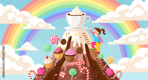 Sweet mountain escape: A girl's climb to a coffee cup under rainbow sky
