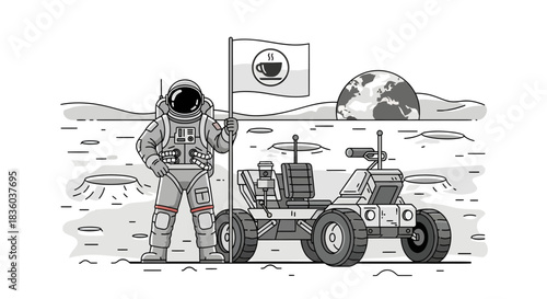 Humorous lunar coffee break: Astronaut plants coffee flag on the moon with rover