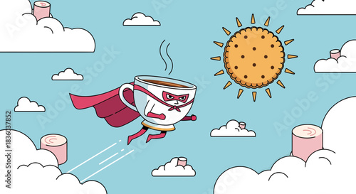 Whimsical superhero coffee cup flying through a sky with a biscuit sun