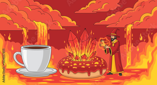 Enchanting coffee break with a wizard casting spells over volcanic donut realms