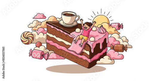 Whimsical Candy Land Illustration: A Child's Delight on a Giant Cake Slide
