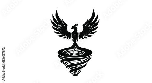 Dramatic black bird with wings spread rising from swirling stormy vortex on white background, symbolizing freedom and power