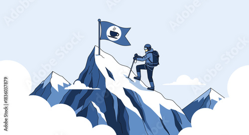 Alpinist conquering the peak with a coffee flag as a symbol of achievement