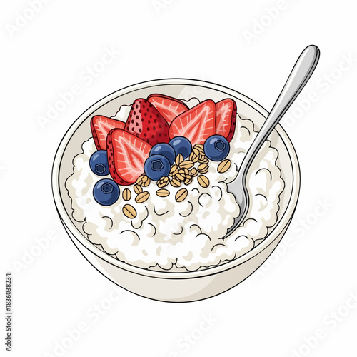 Fresh cottage cheese with berries in small bowl isolated on white background. Healthy cottage cheese breakfast includes strawberry and blueberry slices, spoon inside.